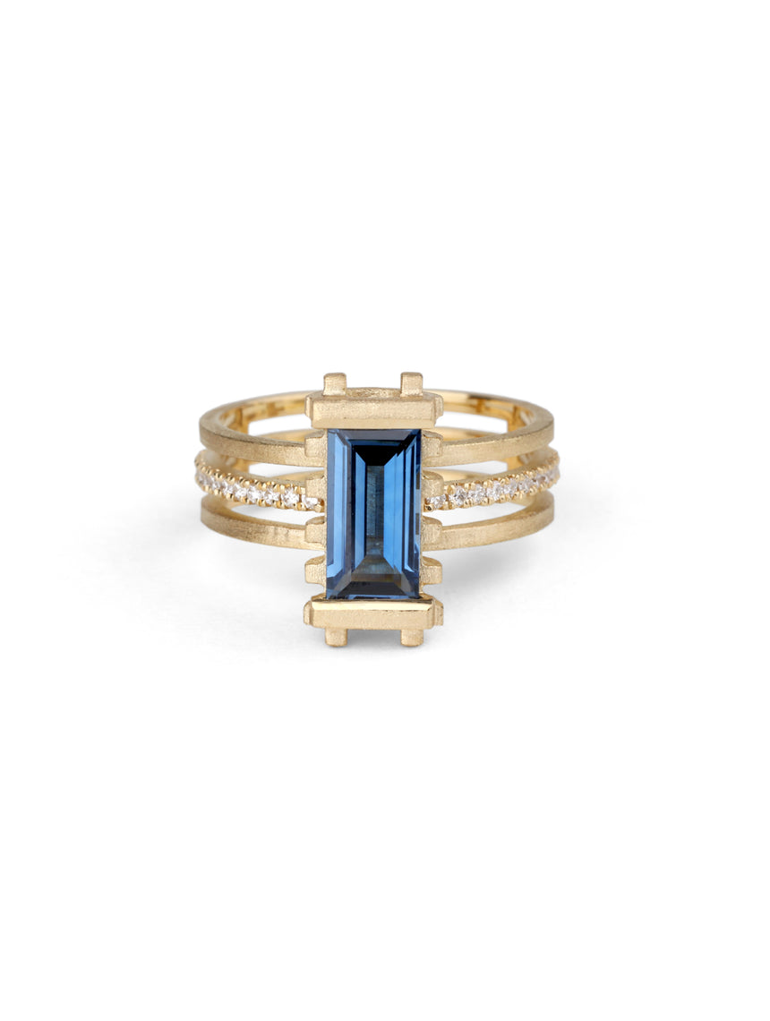 Blue Sapphire Six Strut Prism Ring