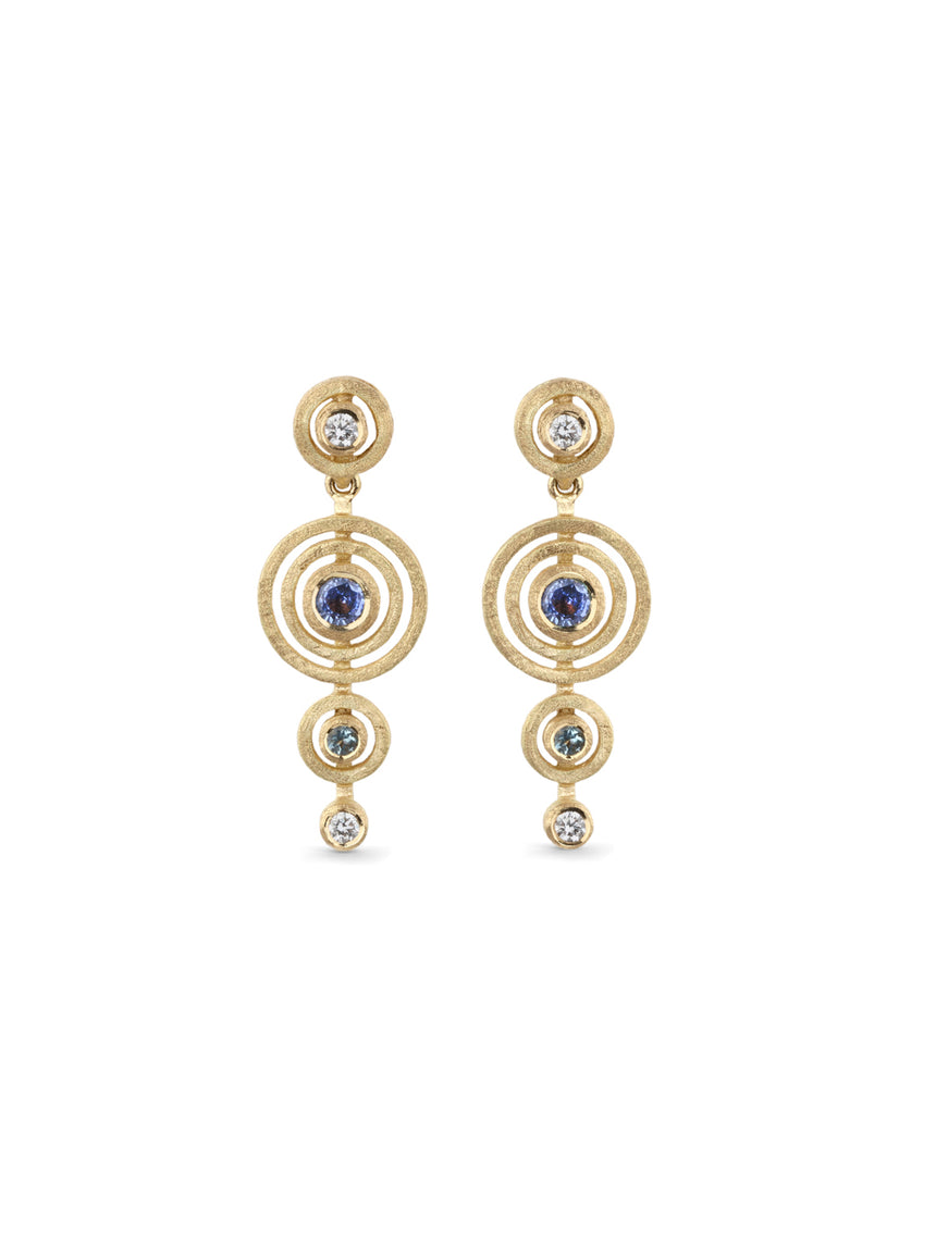 Drop earrings with concentric circular detail, set with blue sapphire, green beryl and white diamond. Textured 18ct yellow gold.