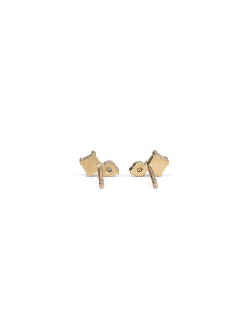 Stud earrings with light yellow square diamonds and round white diamonds. 18ct yellow gold, satin finish. Back view.