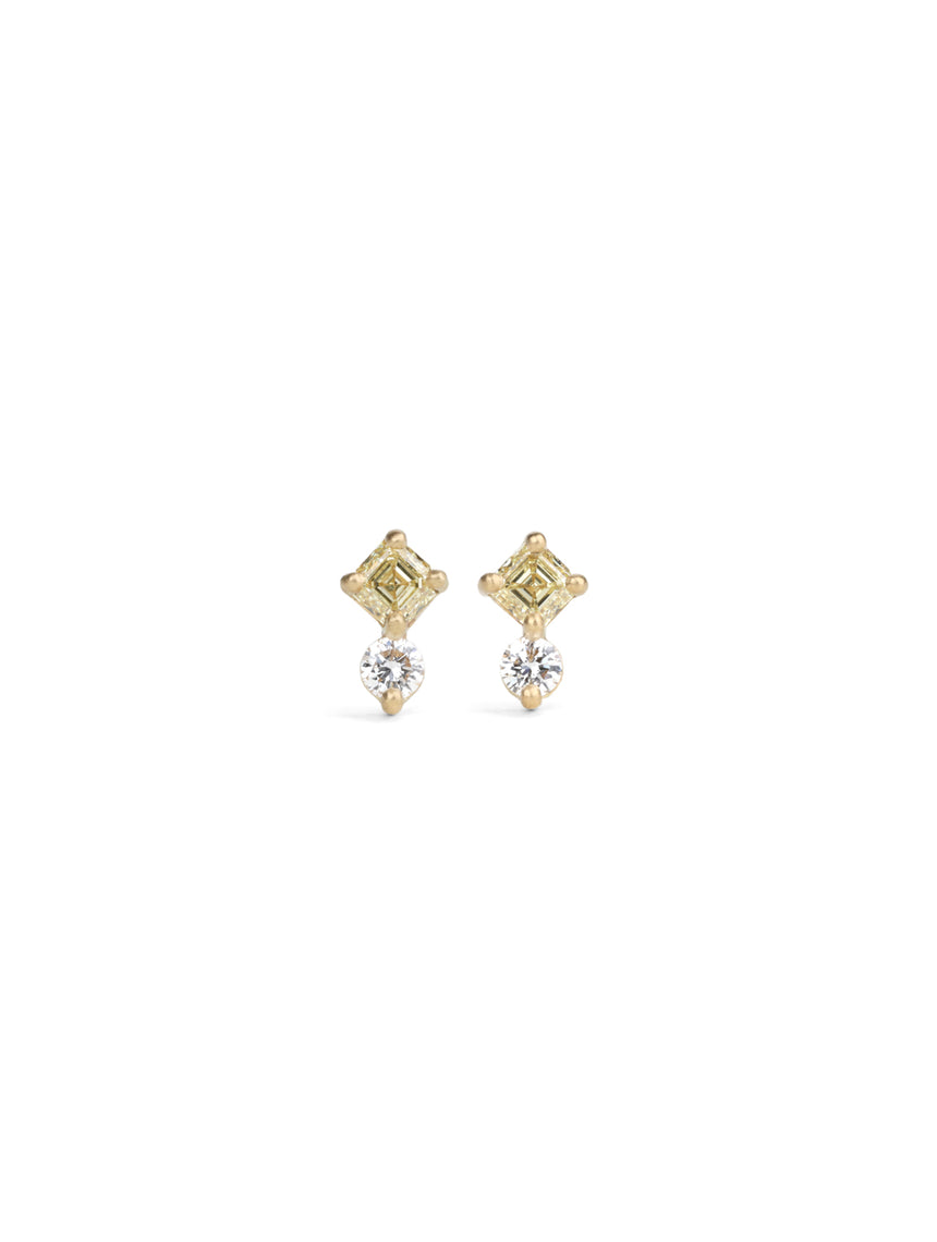 Stud earrings with light yellow square diamonds and round white diamonds. 18ct yellow gold, satin finish.