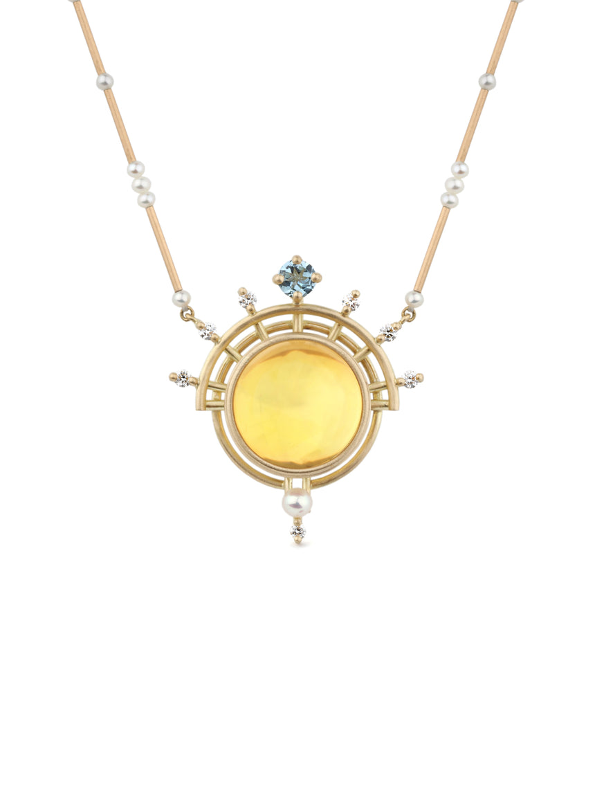 Statement necklace with large round citrine, white diamonds, pearls and aquamarine. 18ct yellow gold satin finish, geometric design.