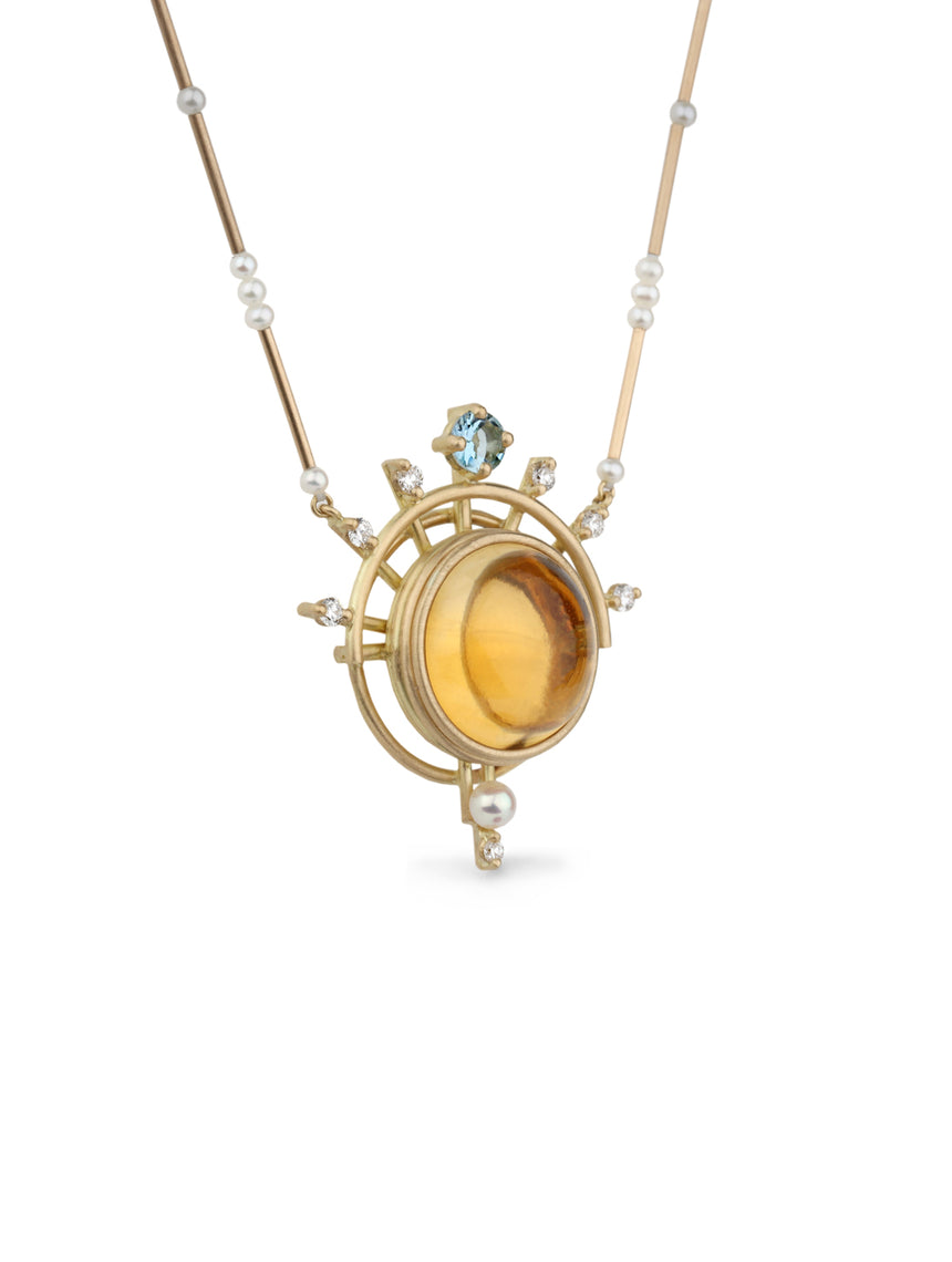 Statement necklace with large round citrine, white diamonds, pearls and aquamarine. 18ct yellow gold satin finish, geometric design.