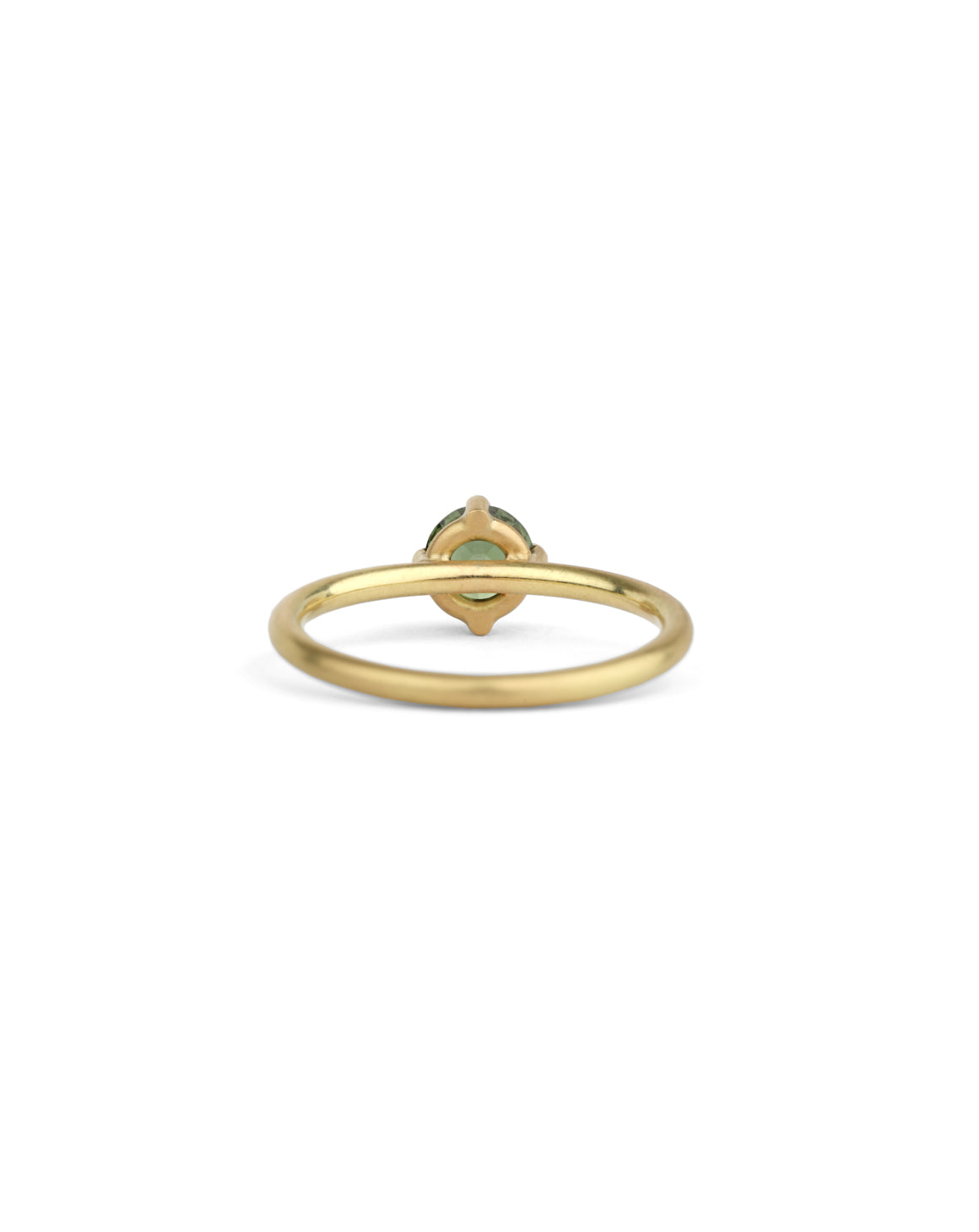 Solitaire ring in 18ct yellow gold with a round green sapphire, back view