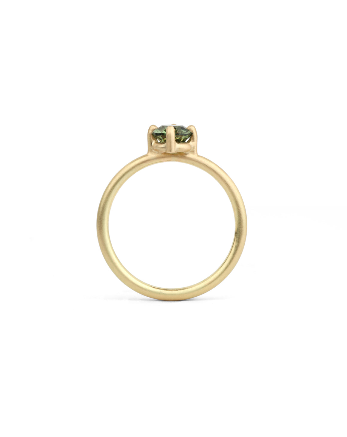 Solitaire ring in 18ct yellow gold with a round green sapphire, side view