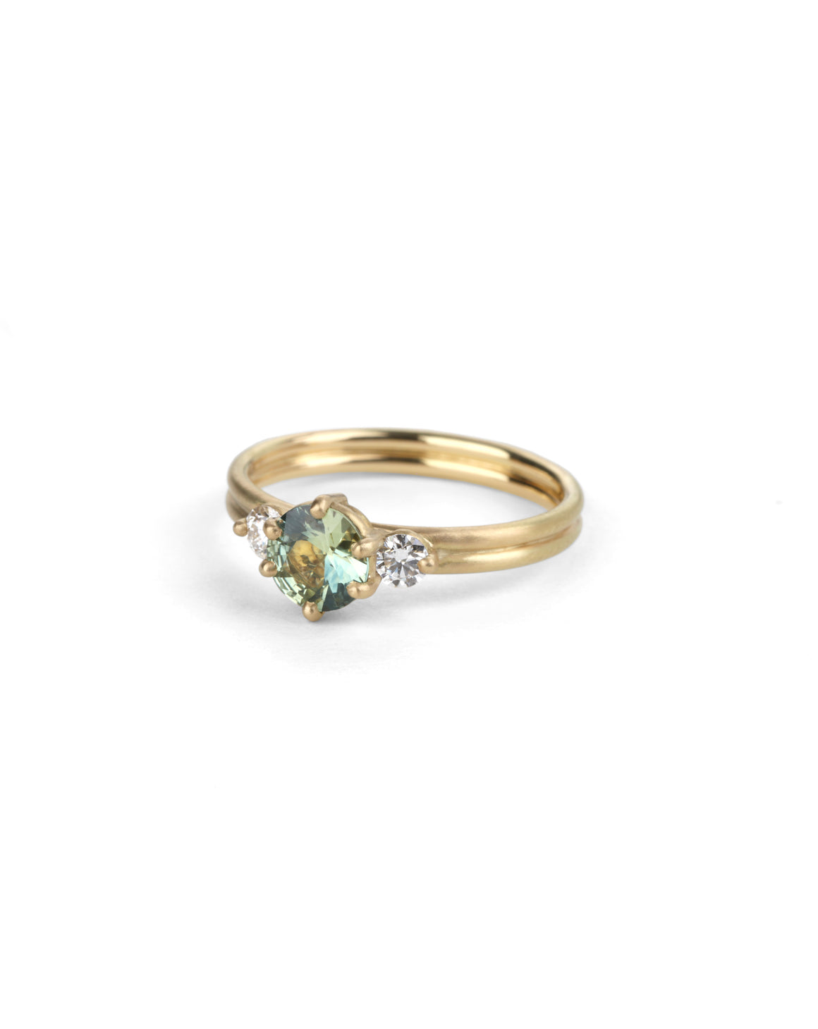 Light Teal Australian Sapphire Round Trio Dyad Engagement Ring