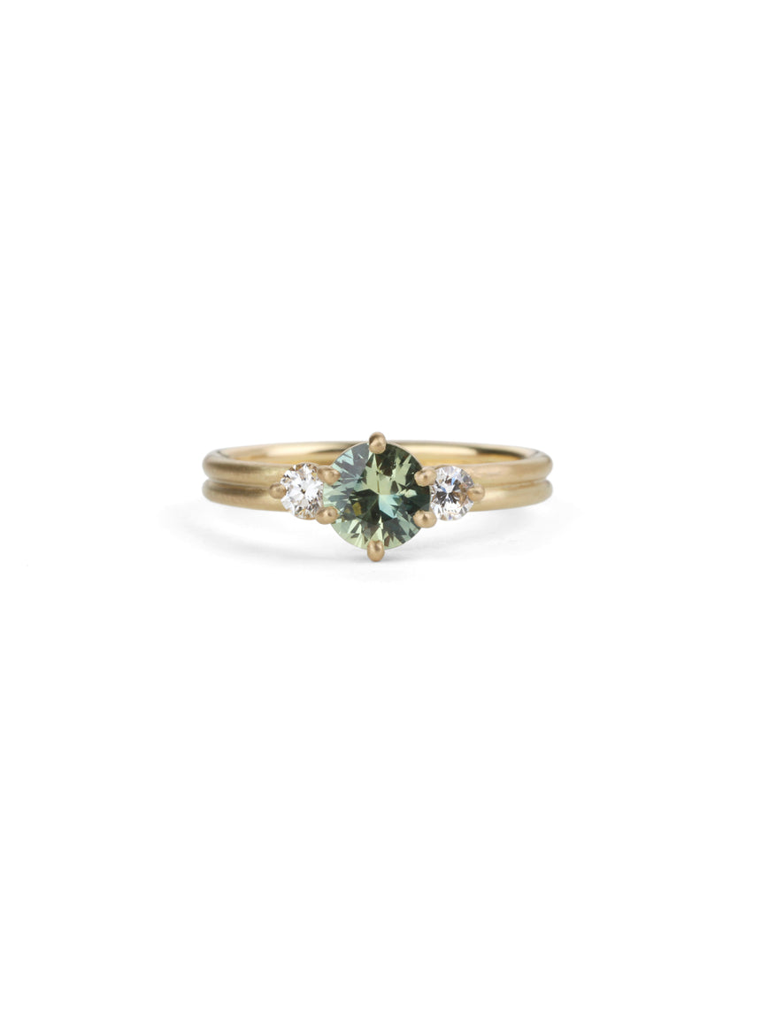 Light Teal Australian Sapphire Round Trio Dyad Engagement Ring