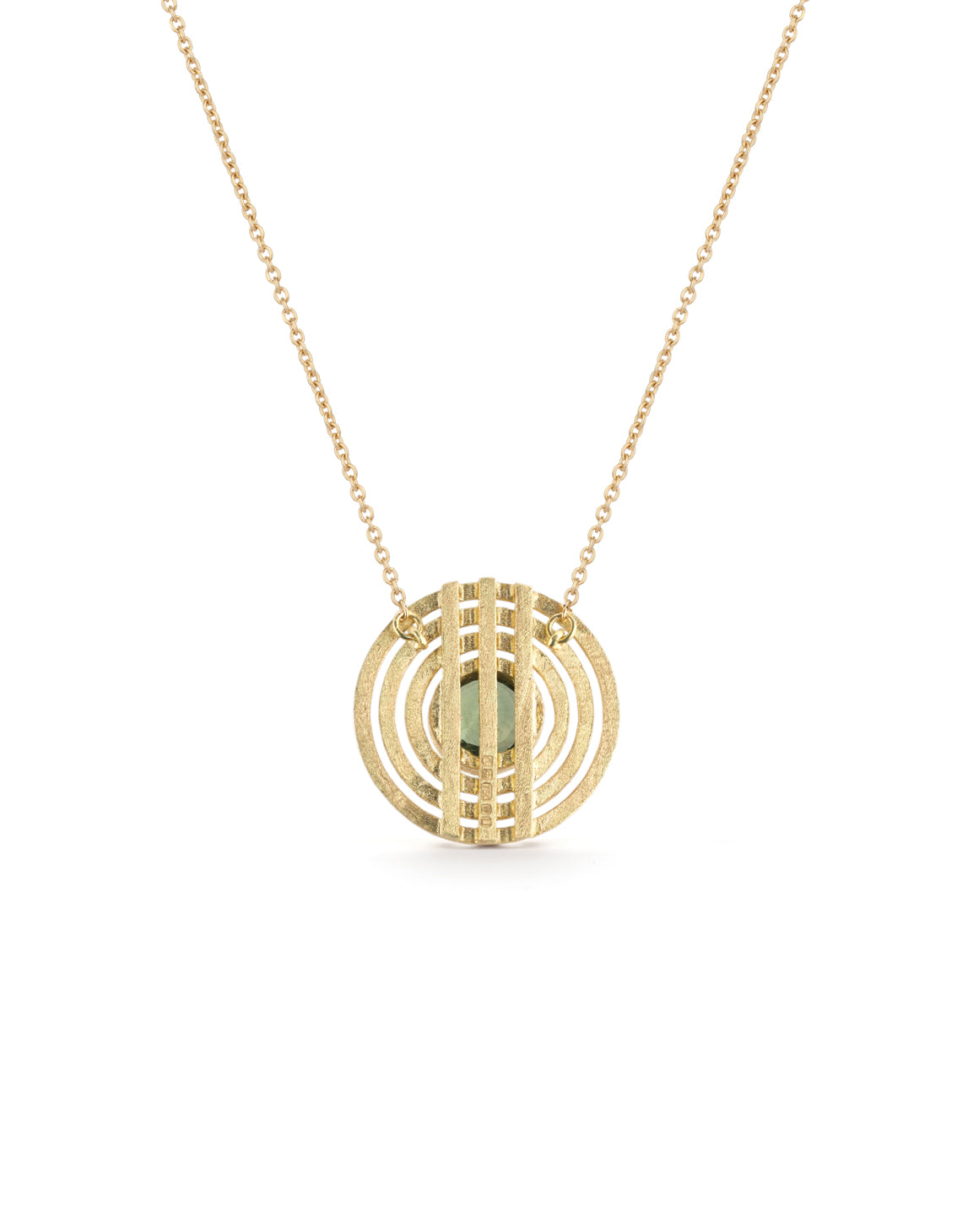 A pendant with round green sapphire surrounded by three circles. 18c yellow gold, textured finish. Back view.