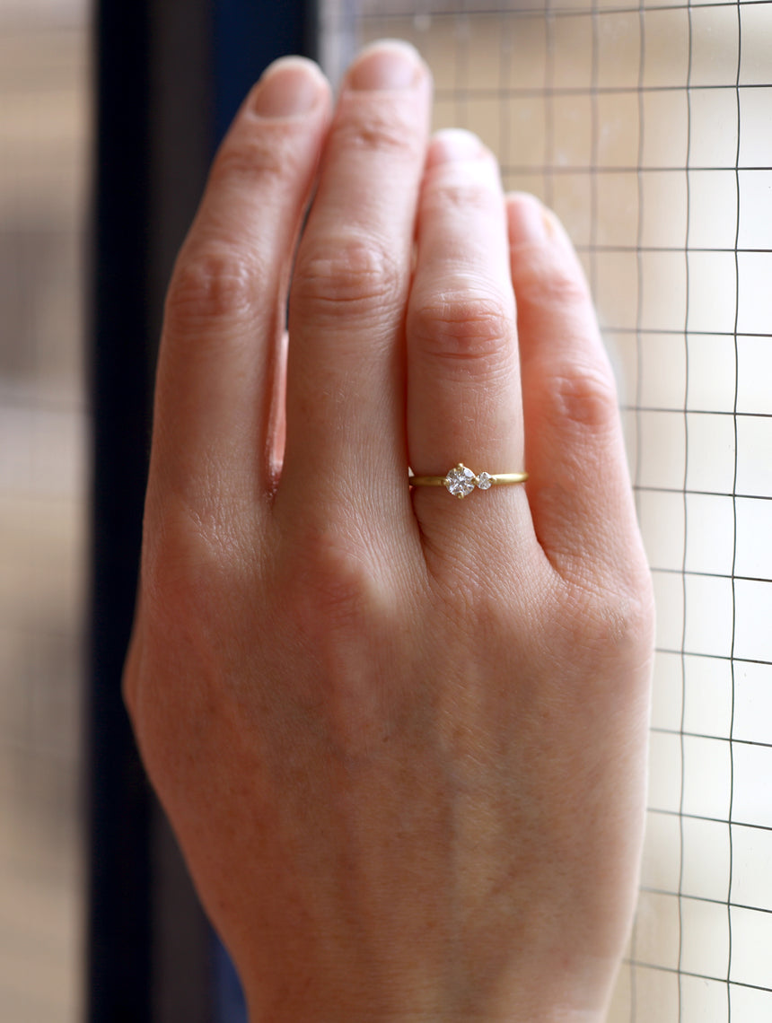 Two stone diamond ring. 18ct yellow gold, satin finish. Worn on hand.