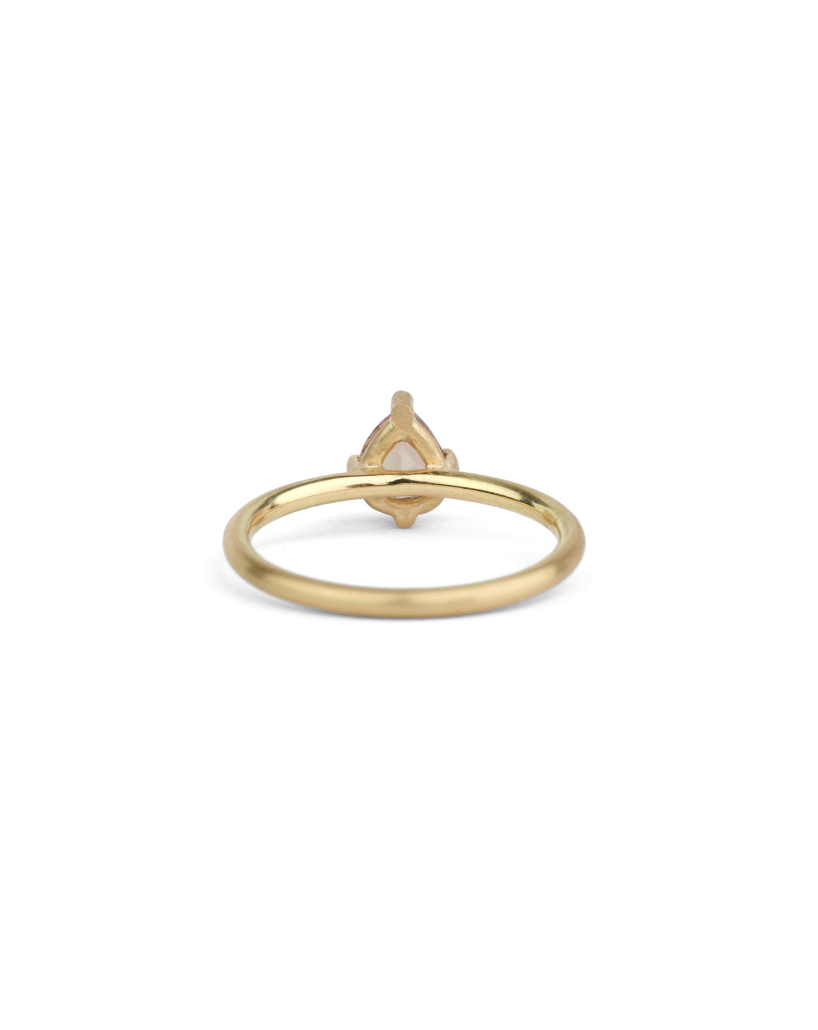 Solitaire ring in satin 18ct yellow gold with a drop shape light warm brown sapphire, back view