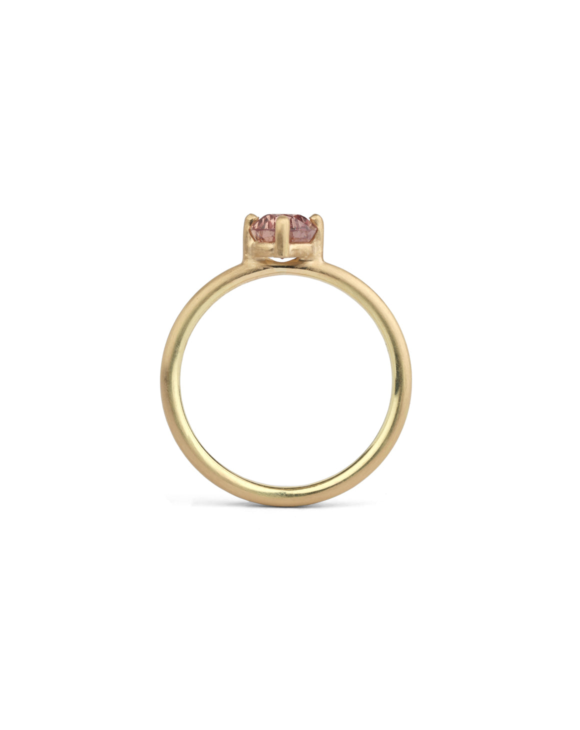 Solitaire ring in satin 18ct yellow gold with a drop shape light warm brown sapphire, side view