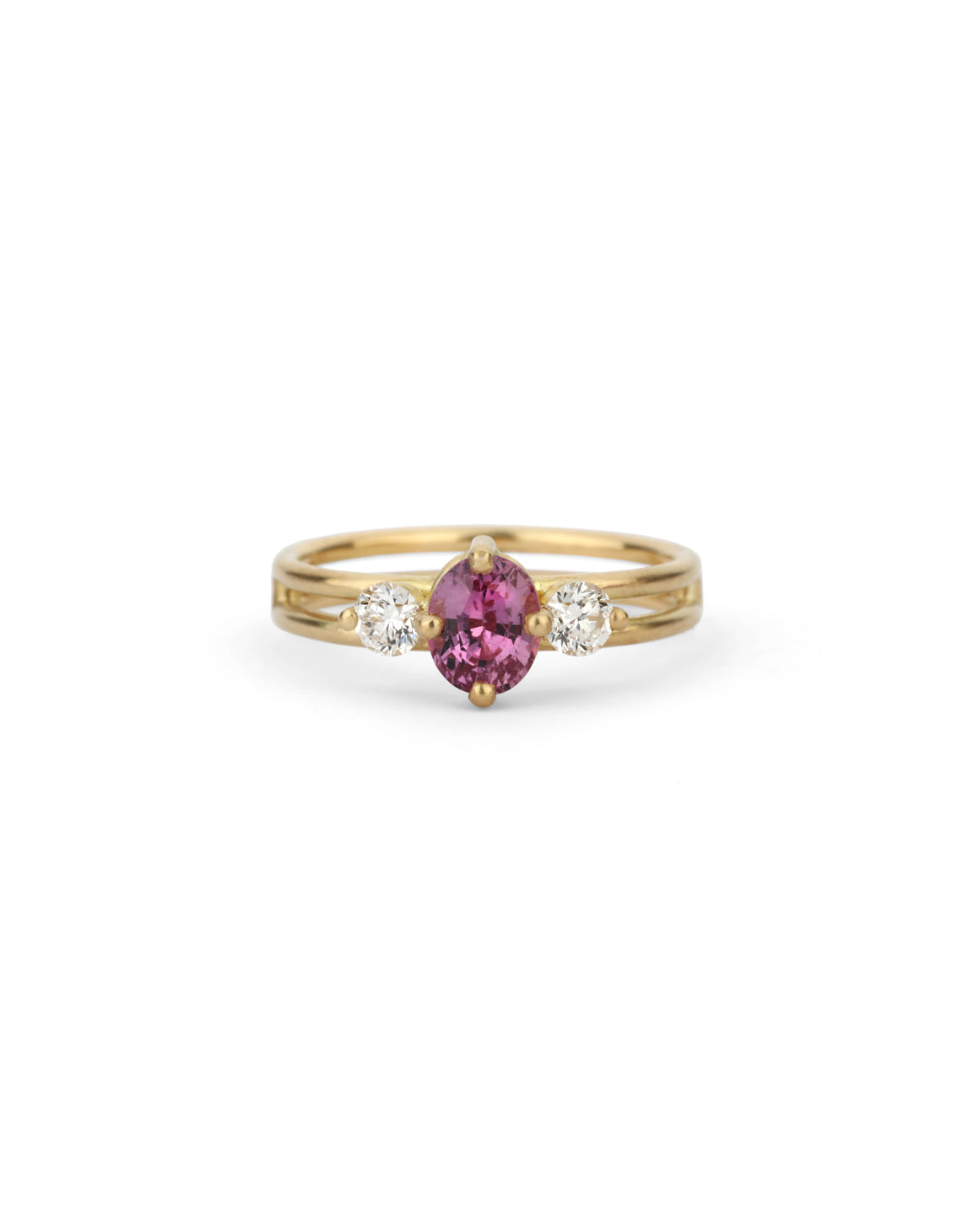 Pink Sapphire and Natural Diamond Oval Trio Split Engagement Ring