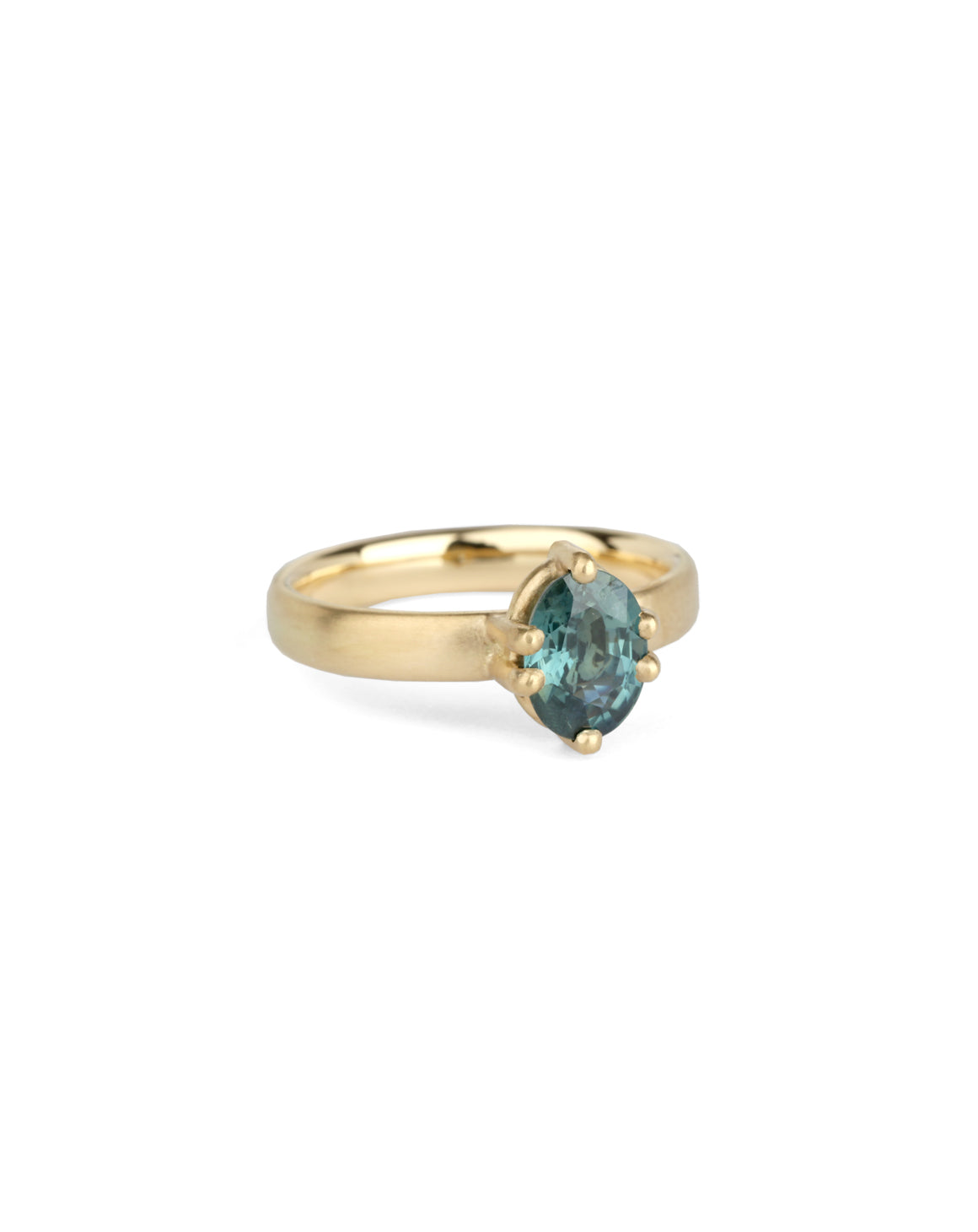 Solitaire ring in satin 18ct yellow gold with an oval teal sapphire