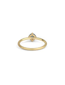 Solitaire ring in textured 18ct yellow gold with a round teal sapphire, back view